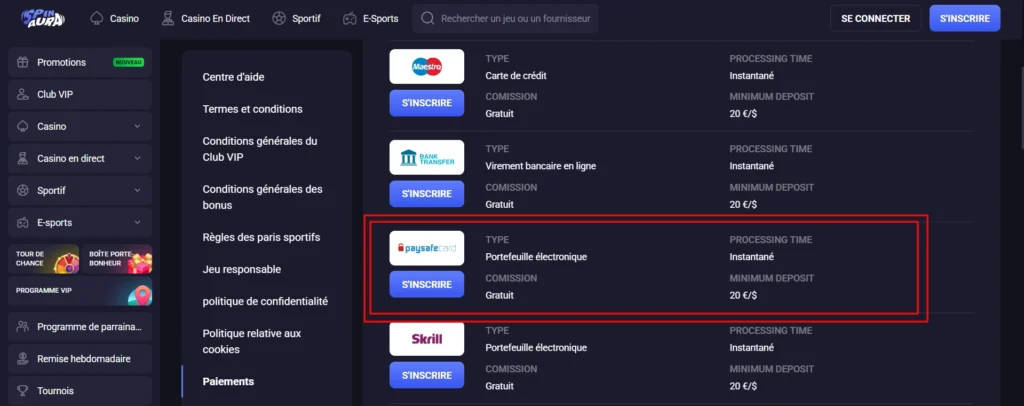 spinaura casino paiements